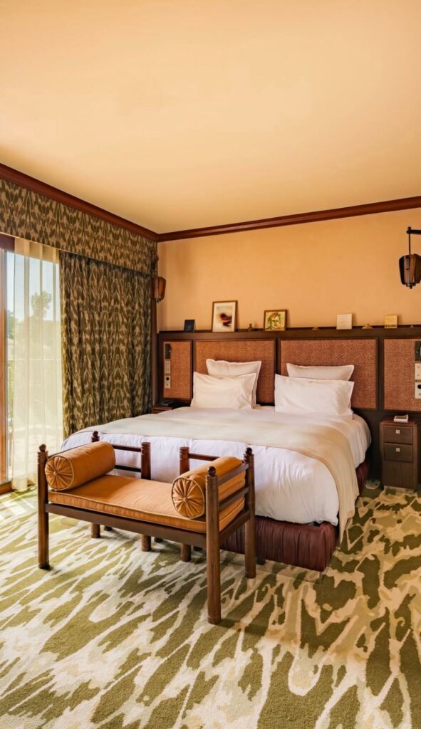 Chambre élégante au Mas Candille avec plaid en maille sur lit et banquette en pied de lit