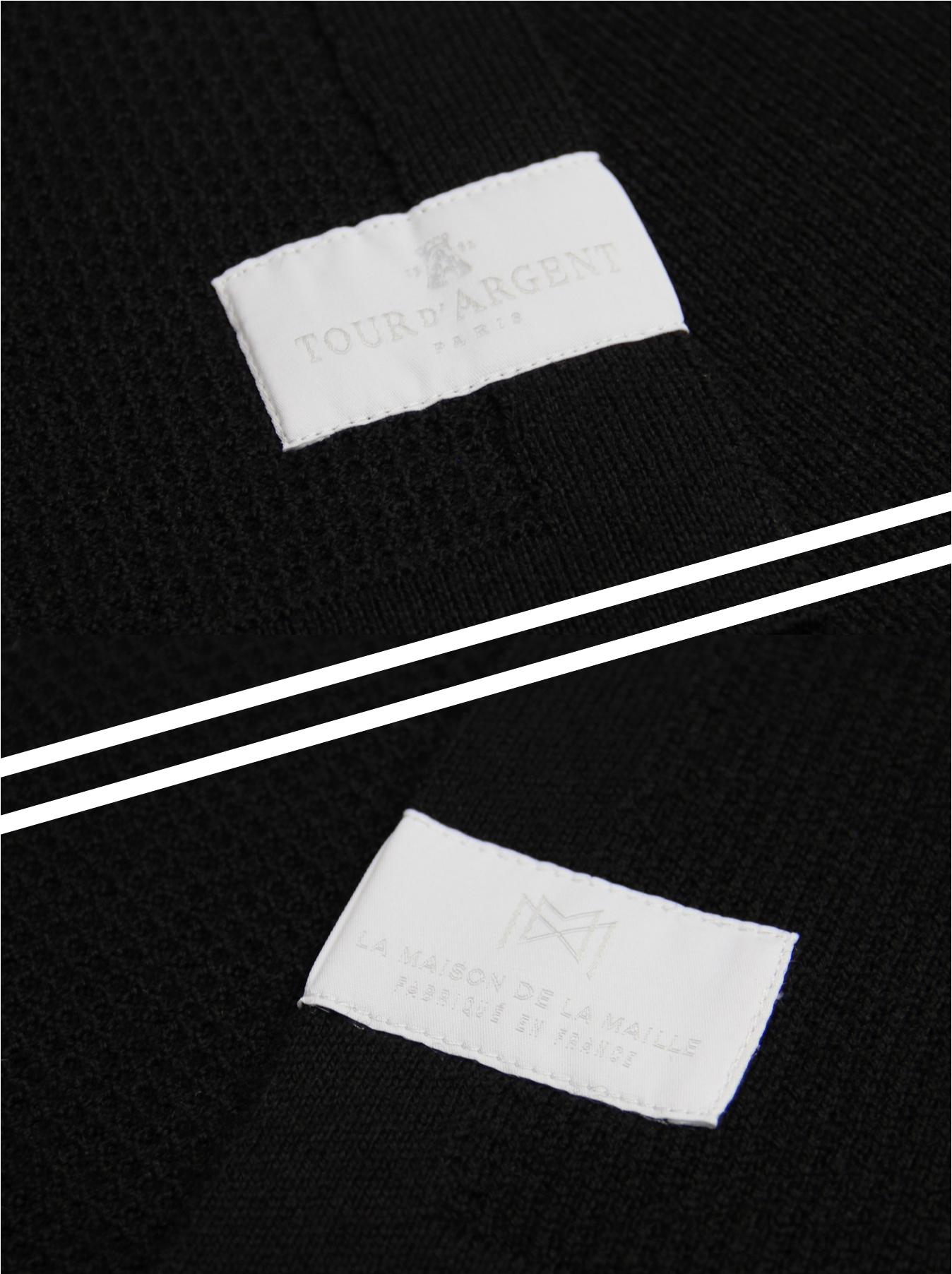 Détail d’un plaid avec les étiquettes réalisé pour La Tour d’Argent